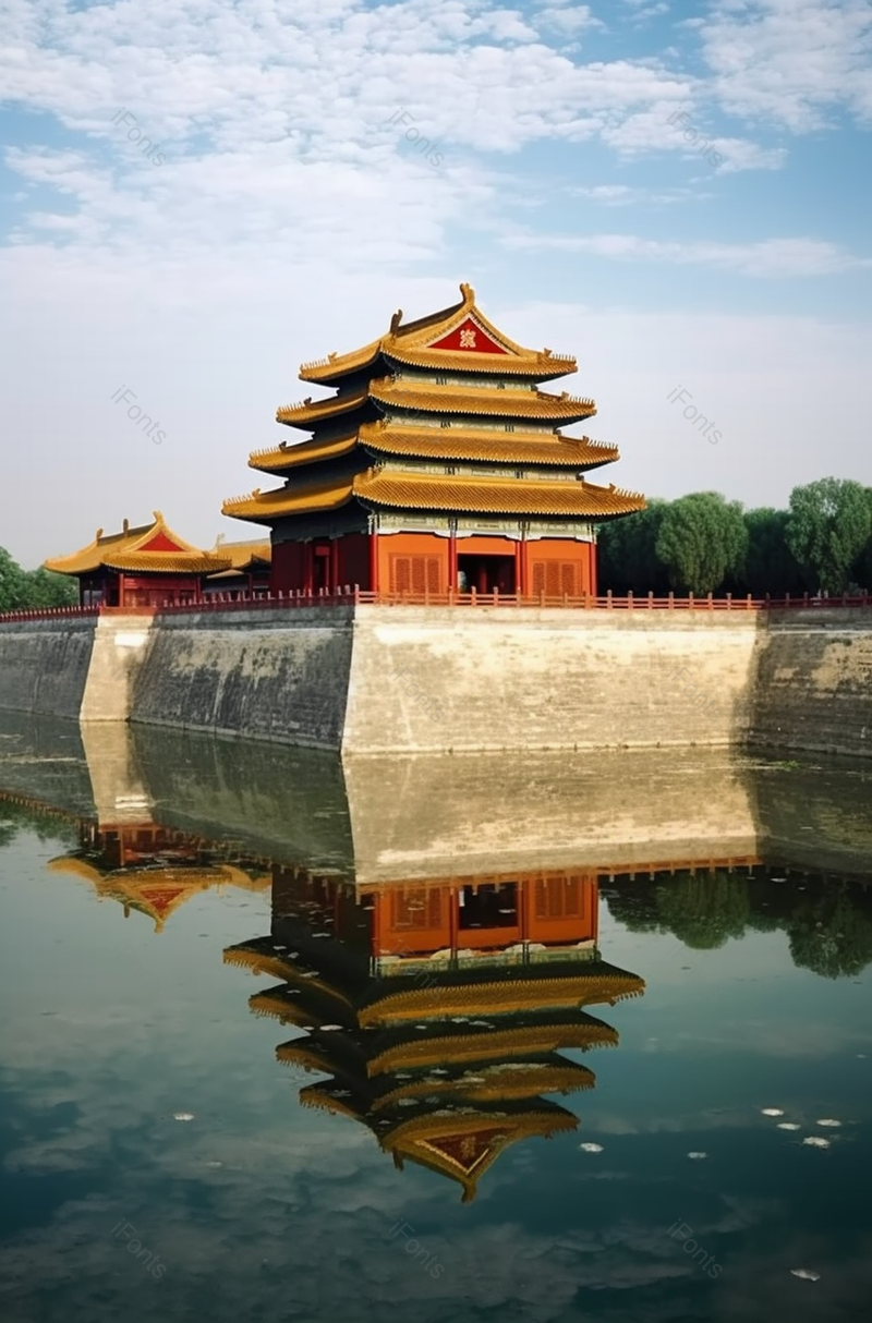 北京故宫日景蓝天白云中国文化建筑城墙湖泊水面反射倒影图像摄影,高清,摄影图,摄影图片,图片大全,摄影图免费下载
